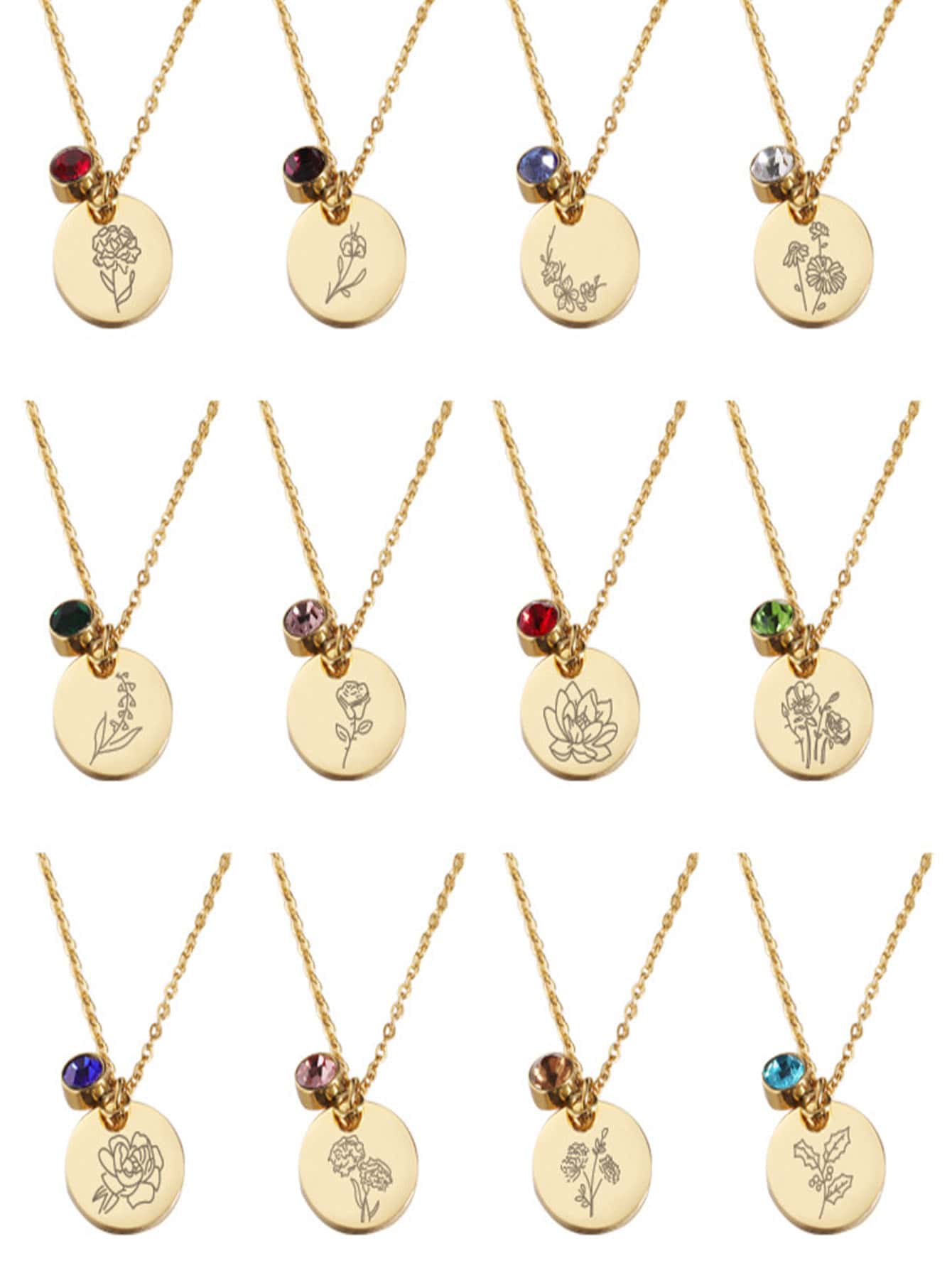 1件装女士个性化生日项链，不锈钢项链，生日石和花朵吊坠，创意设计，时尚吊坠项链，情人节、妈妈、母亲节礼物 - 金色 - 查看 1