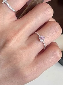 LEKANI 女士s925銀開放式戒指,粉色立方氧化鋯心形設計,獨特又甜美,送給女友或閨蜜的完美禮物 - 銀色 - 查看 3