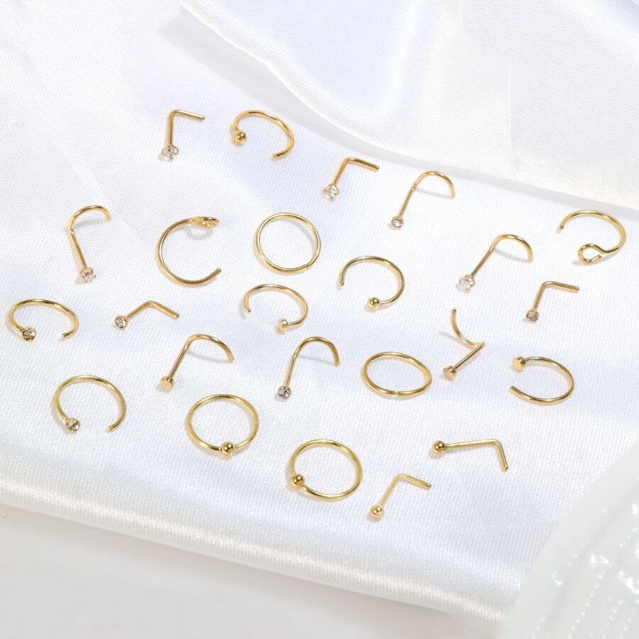 24pcs Golden Stainless Steel Nose Ring Hoop L Shape Nose Studs Nose Screw Bone Silver Pack For