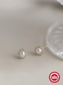 一對S925純銀珍珠優雅耳釘，適用於女性日常裝飾細緻耳環 - 金色 - 查看 5