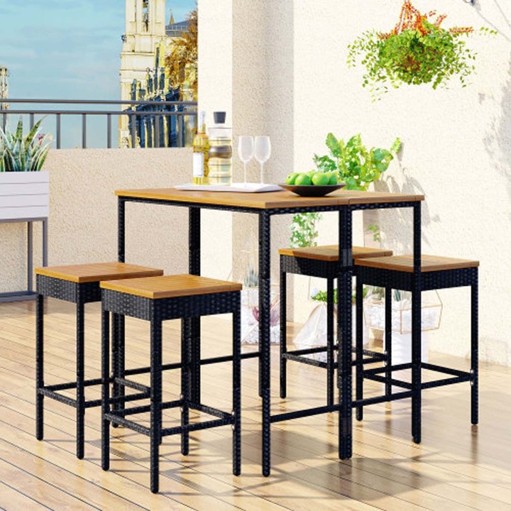 5 Piece Outdoor Patio Wicker Bar Set Garden PE Rattan Wicker