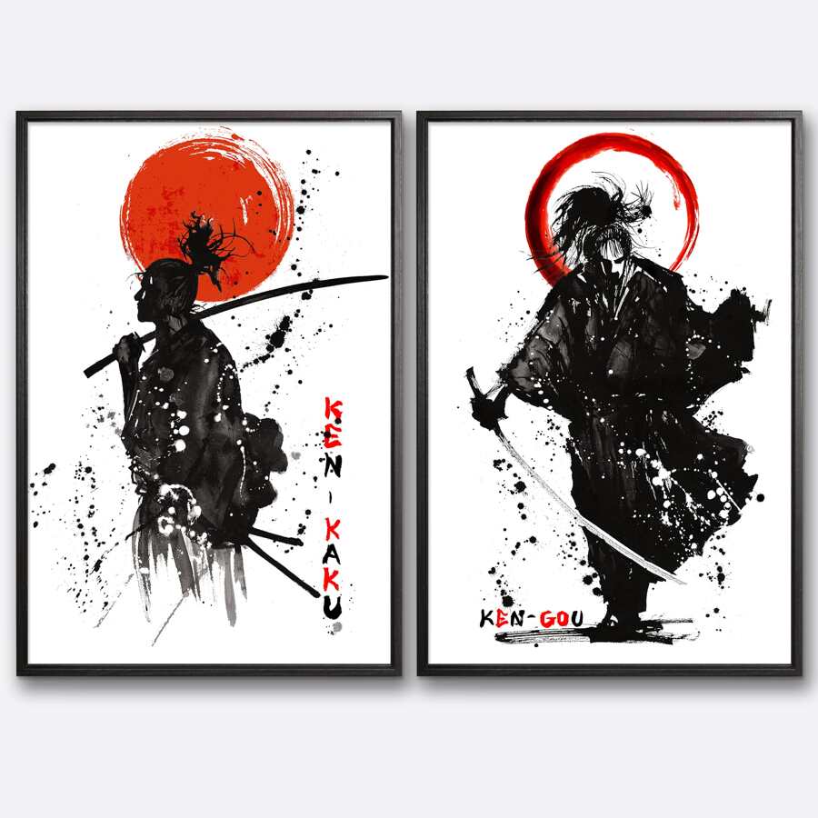 日本Anime牆面裝飾,無框武士水彩繪畫和卡通角色海報適用於家庭客廳臥室裝飾,和油畫,禮品適用於派對裝飾用品房間,2入組/套,不附框架 - 黑與白 - 查看 1
