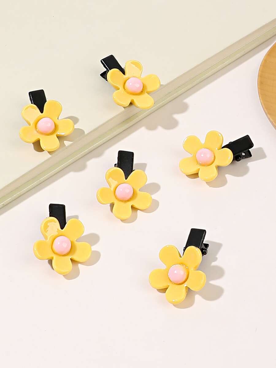 6pcs Cute Yellow Macaron Summer Sunflower Hair Clips For Bangs, With Five-petal Flower & Other Flower Pattern - Multicolor - View 1