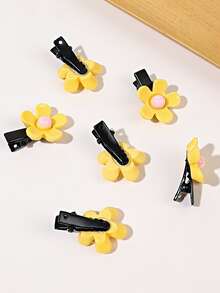 6pcs Cute Yellow Macaron Summer Sunflower Hair Clips For Bangs, With Five-petal Flower & Other Flower Pattern - Multicolor - View 2
