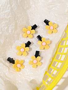 6pcs Cute Yellow Macaron Summer Sunflower Hair Clips For Bangs, With Five-petal Flower & Other Flower Pattern - Multicolor - View 3