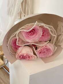 1 件波浪纱布和仿珍珠网和人造玫瑰花束包装，适用于 DIY 插花或花店装饰， - 白色 - 查看 4