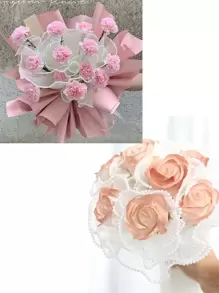 1 件波浪纱布和仿珍珠网和人造玫瑰花束包装，适用于 DIY 插花或花店装饰， - 白色 - 查看 6