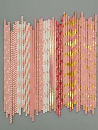 100入組/套隨機草莓&星星圖案一次性吸管