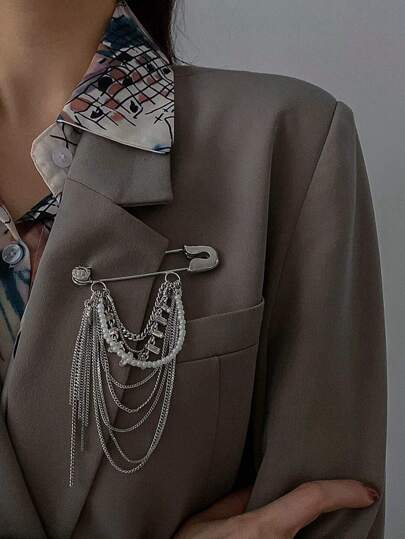 1pc Silver Pearl Tassel Brooch, Fashionable Accessory Lapel Pin For Women Suit Jacket