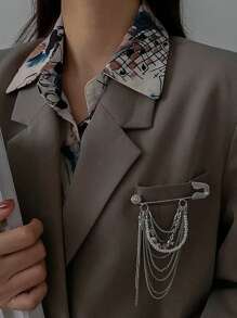 1 件银色珍珠流苏胸针，时尚配饰翻领别针，适合女士西装外套