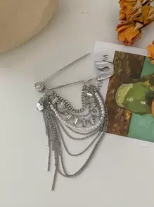 1 件银色珍珠流苏胸针，时尚配饰翻领别针，适合女士西装外套