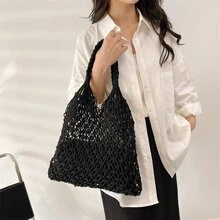 時尚編織購物袋帶鏤空設計,完美適用於度假 - 黑色 - 查看 3