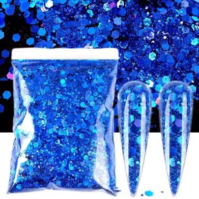 10克/袋 美甲 Y2K 美学闪粉亮片 全息激光蓝彩色粉末 闪亮六边形 PET 材质 DIY 美甲饰品 美甲宝石 美甲用品 美甲