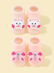 2對/包卡通嬰兒學步襪帶舒服鞋底 - 粉色 - 查看 1