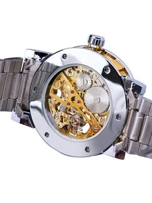 T-winner Fashionable Hollow Out Manual Mechanical Watch For Men With Casual Steel Strap - Silver - View 3