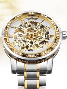 T-winner Fashionable Hollow Out Manual Mechanical Watch For Men With Casual Steel Strap - Silver - View 2