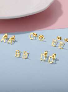 1pair Simple Stainless Steel 26 English Alphabet Initial Earrings, Couple Jewelry For Him And Her - Yellow Gold - View 4