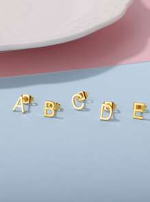 1pair Simple Stainless Steel 26 English Alphabet Initial Earrings, Couple Jewelry For Him And Her - Yellow Gold - View 5