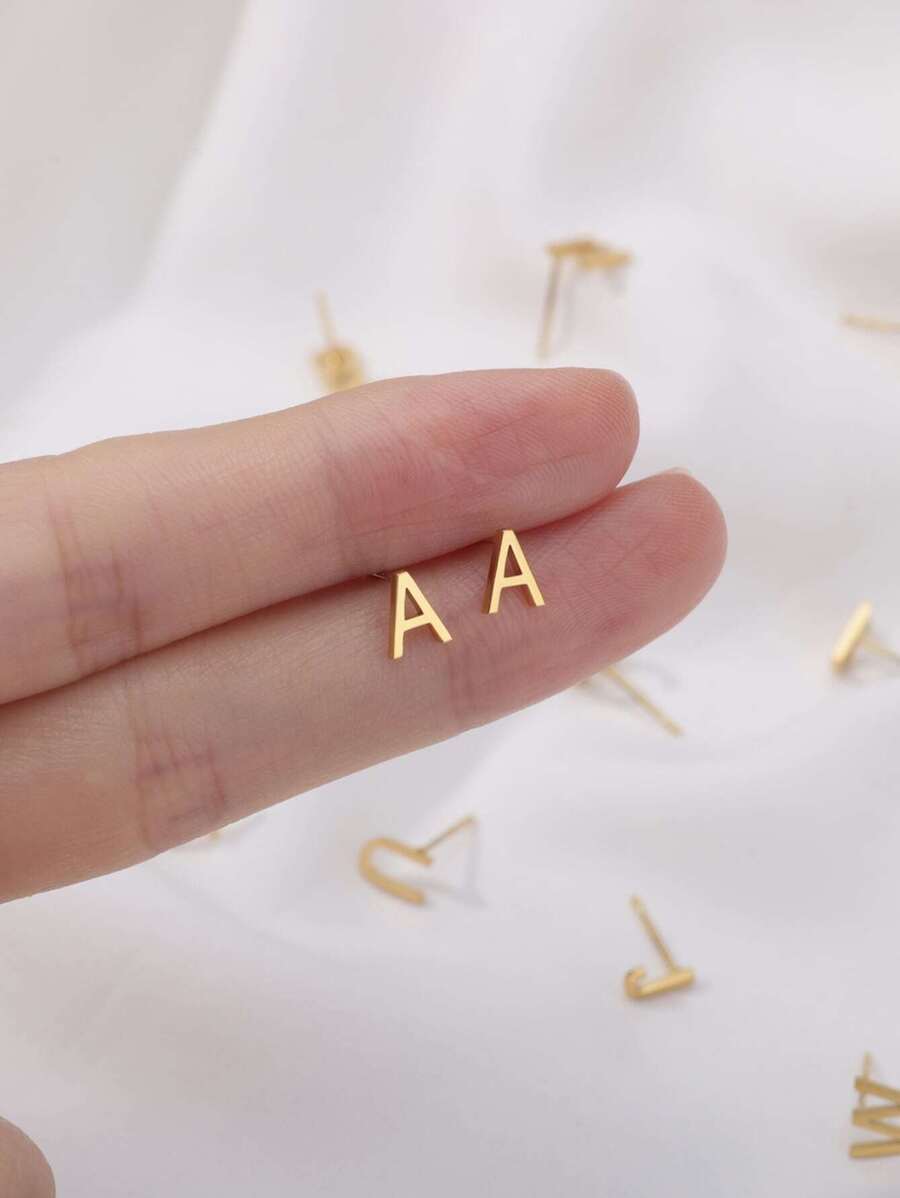 1pair Simple Stainless Steel 26 English Alphabet Initial Earrings, Couple Jewelry For Him And Her - Yellow Gold - View 1