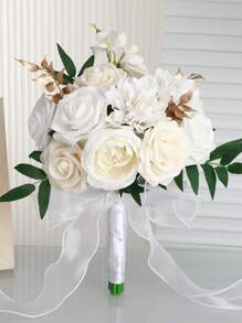 1pc Gorgeous Color Block Design Wedding Bouquet, Bride/Bridesmaid Handheld Flower, Roses With Ribbons & Lace Valentine's Day Accessories - White - View 13