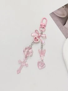 Cute 1pc Y2k Style Pink Bowknot Heart & Cross Keychain, Unique Bag Charm Pendant Key Holder - Pink - View 4