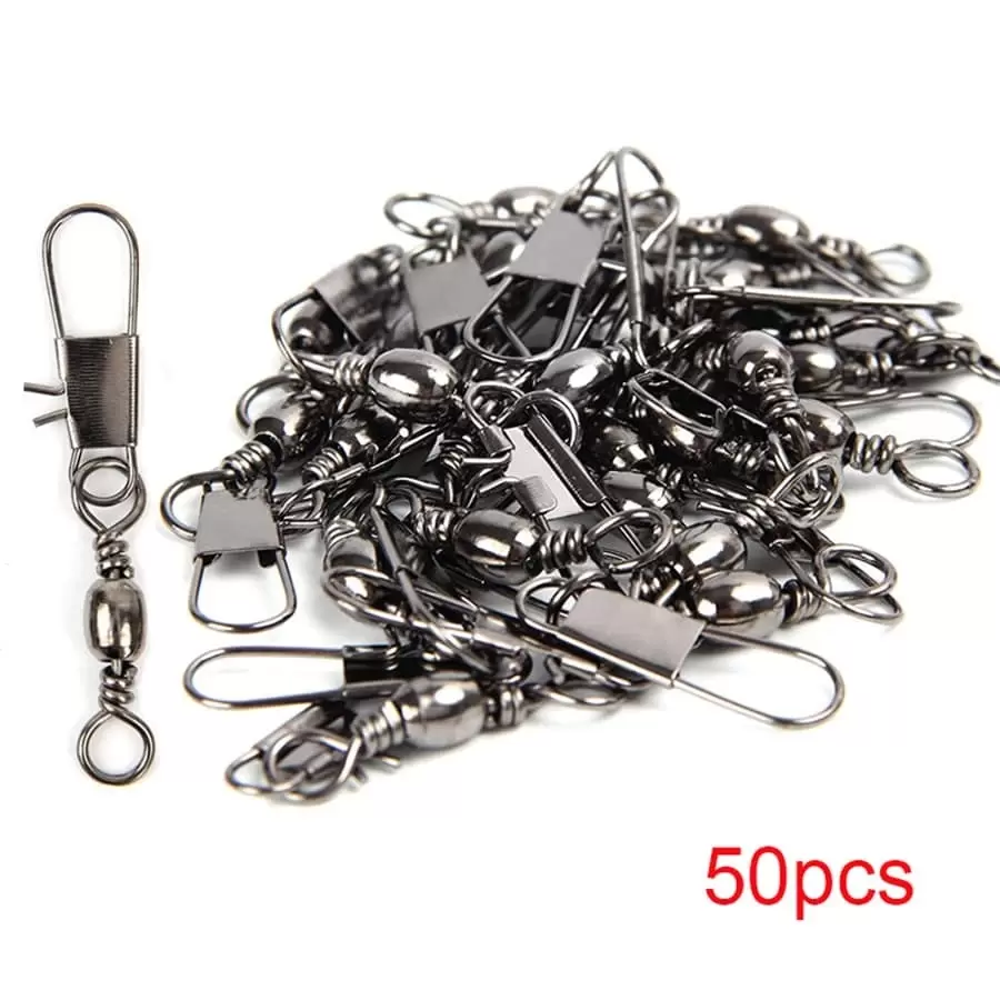 50pcs Stainless Steel Fishing Connector Pin Bearing Rolling Swivel Snap Fastlock Clips Fishhook Lure Tackle - Black - View 1