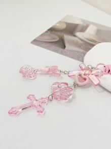 Cute 1pc Y2k Style Pink Bowknot Heart & Cross Keychain, Unique Bag Charm Pendant Key Holder - Pink - View 7