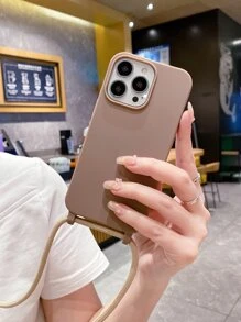 Solid Phone Case With Lanyard Compatible With iPhone15/15Plus/15Pro/15Promax - Brown - View 3