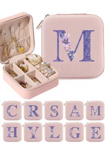 1 Pieza Caja De Joyería Multifuncional De Pu Con Letra Impresa De Flores Moradas Inicial De A A Z, Exhibición Portátil De Organizador De Cajas De Almacenamiento Multirejilla De Collar Y Anillo, Regalo Para Mujeres, Regalos Para Niñas, Regalos Para Novia - Rosa - Ver 1