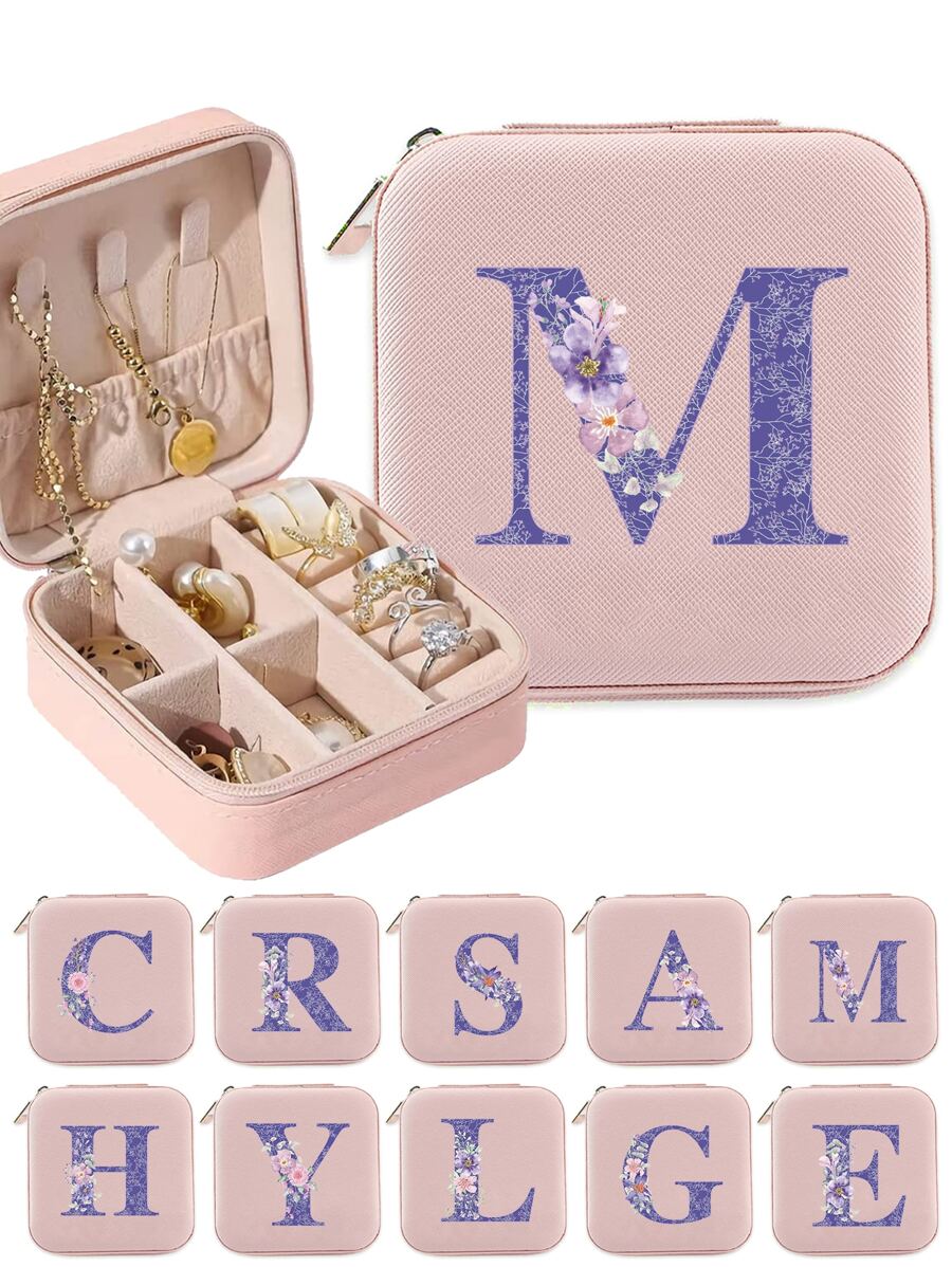1 Pieza Caja De Joyería Multifuncional De Pu Con Letra Impresa De Flores Moradas Inicial De A A Z, Exhibición Portátil De Organizador De Cajas De Almacenamiento Multirejilla De Collar Y Anillo, Regalo Para Mujeres, Regalos Para Niñas, Regalos Para Novia - Rosa - Ver 1