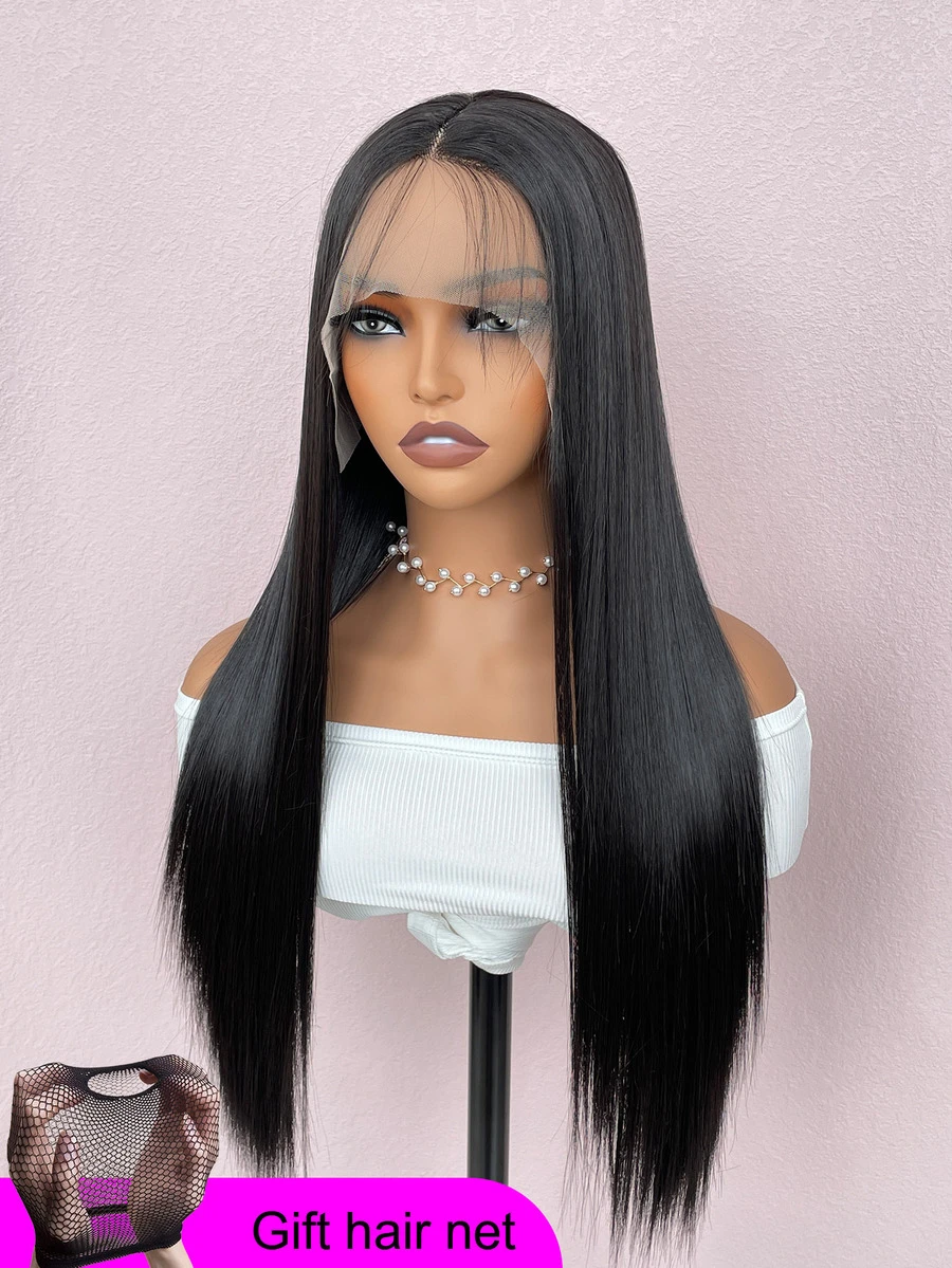 13*4*1自然黑色合成纖維t型拉花蕾絲前套假髮,長直黑色蕾絲假髮,女性用 - 黑色 - 查看 1