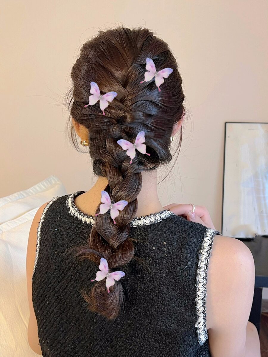 5pcs 3cm Fabric Butterfly & Phoenix Hair Clips Street Claw Clips Hair Claws Hair Barrettes, School Stuff, Hair Accessories, Head Accessories, Hair Accessories For Women - Mauve Purple - View 1
