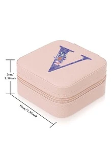 1pc Multifunction PU Jewelry Box Display Portable Organizer Case Necklace Ring Multi-Grid Storage Boxes Initial Name A To Z Purple Flower Letter Print Make Up Bag - Pink - View 2