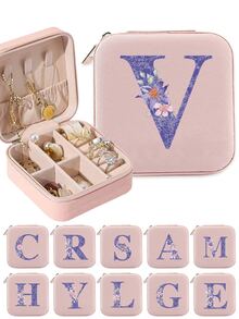 1pc Multifunction PU Jewelry Box Display Portable Organizer Case Necklace Ring Multi-Grid Storage Boxes Initial Name A To Z Purple Flower Letter Print Make Up Bag - Pink - View 1
