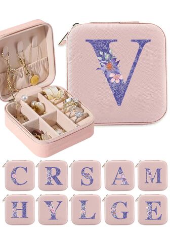 1入組多功能PU皮革首飾盒展示便攜收納殼套項鍊戒指多格收納盒子最初姓名A至Z紫色花字母圖案