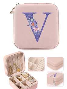 1pc Multifunction PU Jewelry Box Display Portable Organizer Case Necklace Ring Multi-Grid Storage Boxes Initial Name A To Z Purple Flower Letter Print Make Up Bag - Pink - View 3