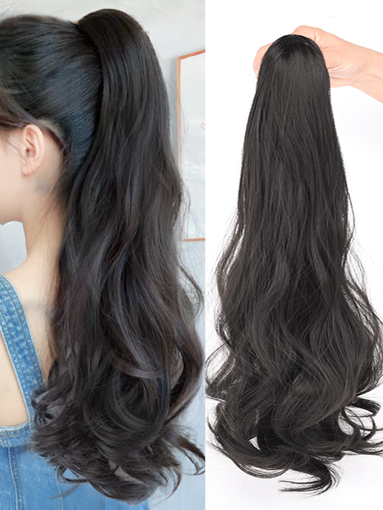 女性高馬尾小夾大波浪假髮馬尾合成纖維接髮 - 黑色 - 查看 1