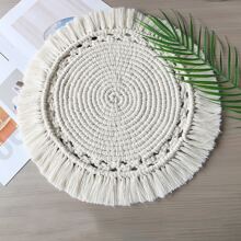 40cm Hand-woven, Round Tassel Placemat, Nordic Home Decoration For Dining Table, Heat Insulation Anti-slip Cup Mat - milky - View 1