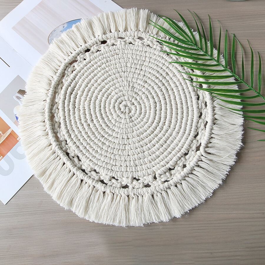 40cm Hand-woven, Round Tassel Placemat, Nordic Home Decoration For Dining Table, Heat Insulation Anti-slip Cup Mat - milky - View 1