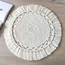 40cm Hand-woven, Round Tassel Placemat, Nordic Home Decoration For Dining Table, Heat Insulation Anti-slip Cup Mat - milky - View 3