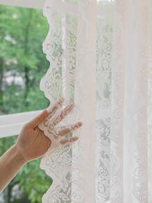 1pc French Cream Light Translucent Lace Window Curtain For Living Room And Bedroom - White - View 2