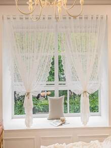 1pc French Cream Light Translucent Lace Window Curtain For Living Room And Bedroom - White - View 6