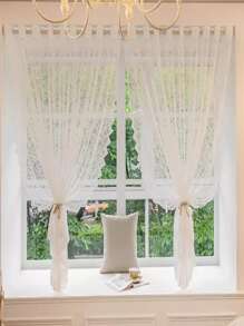 1pc French Cream Light Translucent Lace Window Curtain For Living Room And Bedroom - White - View 8