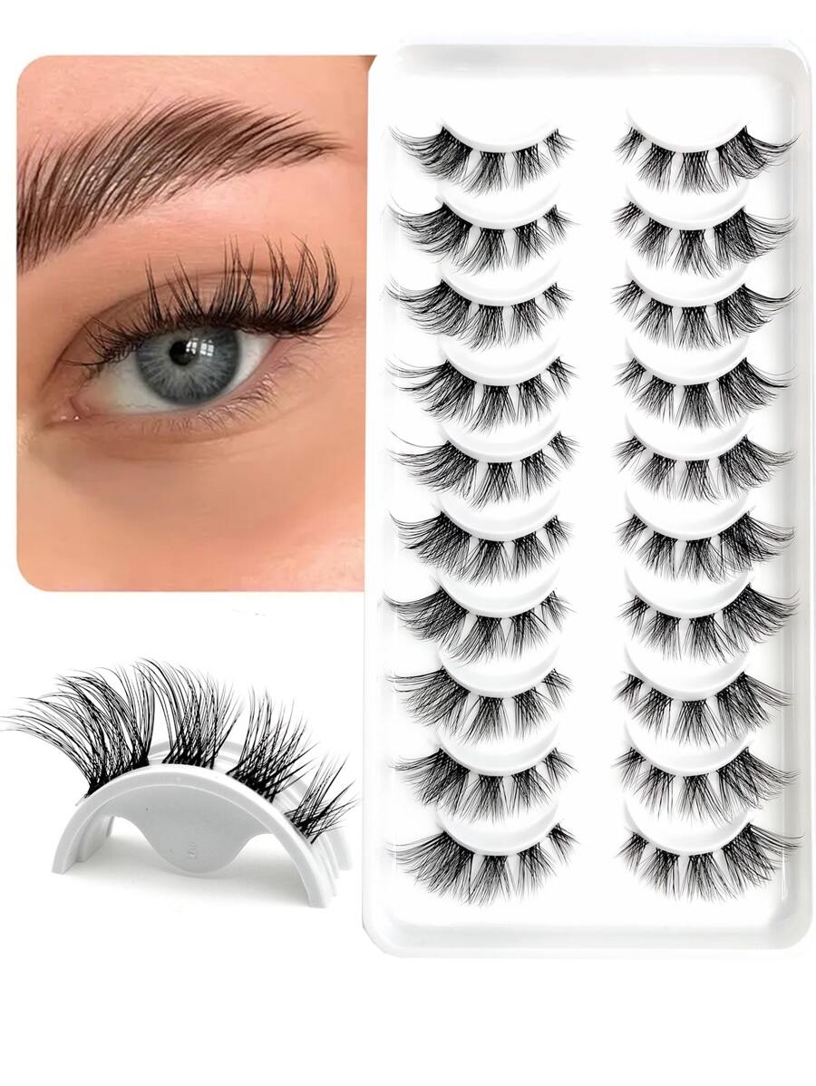 Asiteo 10 对自然簇状假睫毛，短梗透明睫毛，猫眼效果，适合卡通风格眼妆，条状睫毛，睫毛，睫毛，假睫毛 - 黑色 - 查看 1