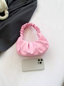 Mini Solid Color Women Pleated Handbag, Solid Color Cloud & Crescent Design Women Shoulder Bag