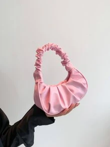 Mini Solid Color Women Pleated Handbag, Solid Color Cloud & Crescent Design Women Shoulder Bag