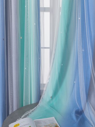 1pc Blue Blackout & Star Living Room Curtain With Double Layers Hollow Cut Stars For Bedroom