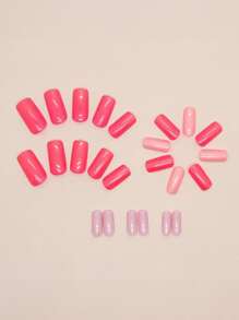 24pcs/Set Aurora Pink And Rose Red Solid Color Uv Gel Nail Polish + 1pc Nail File + 1pc Jelly Gel Press On Nails Nail Supplies