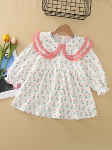 Young Girl Ditsy Floral Print Peter Pan Collar Flounce Sleeve Smock Dress - Multicolor - View 1