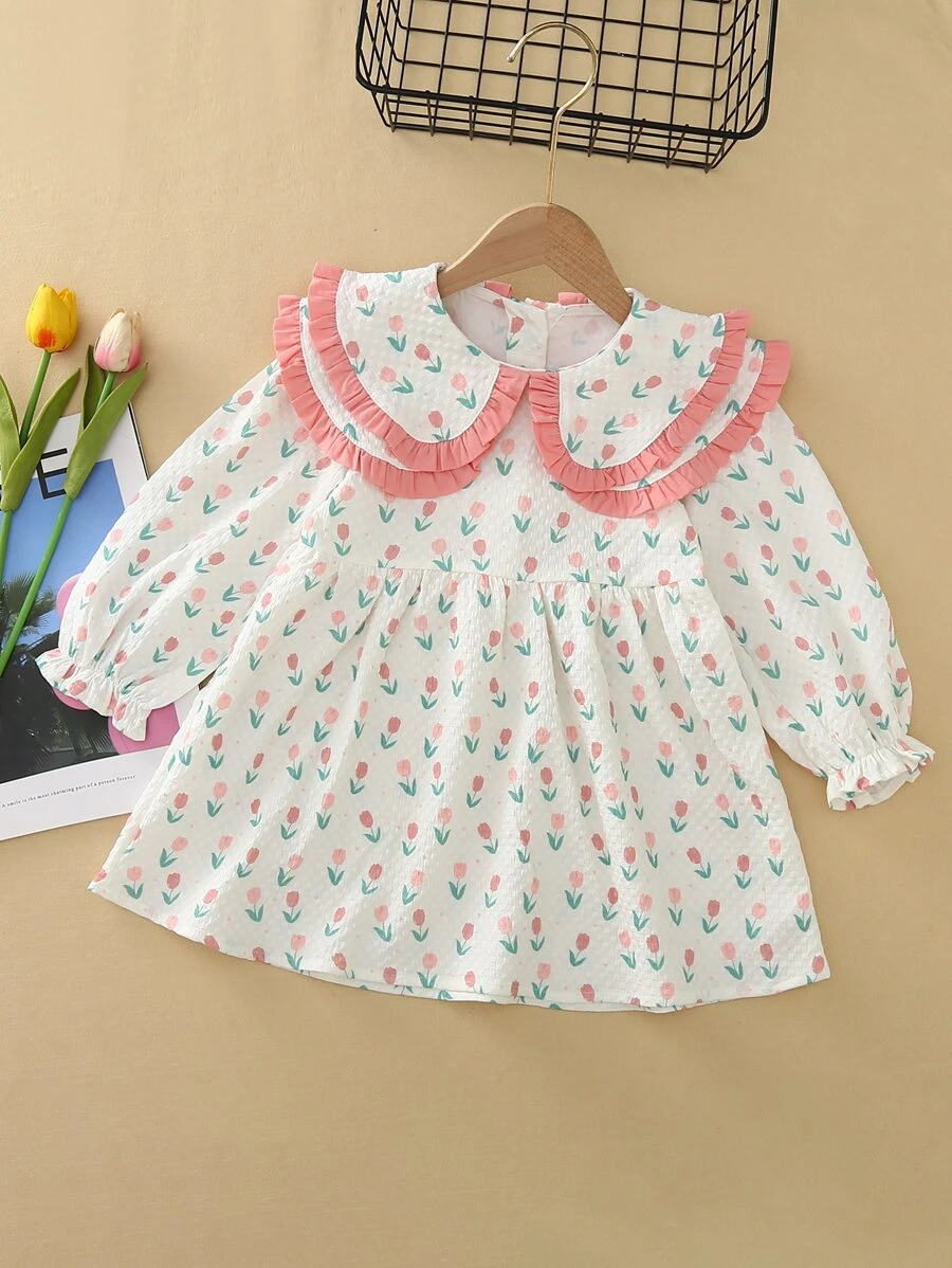 Young Girl Ditsy Floral Print Peter Pan Collar Flounce Sleeve Smock Dress - Multicolor - View 1